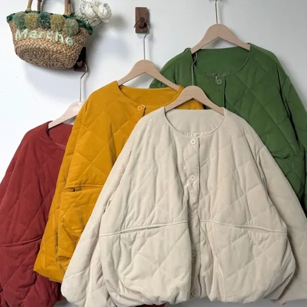 日系 菱格圆领夹棉棉服宽松保暖加厚冬季棉衣胸148长65