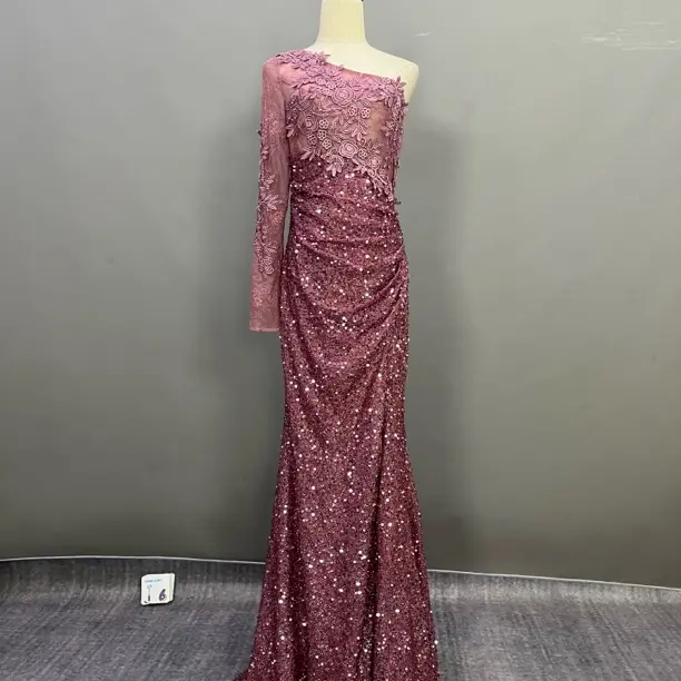 S码偏大宴会晚礼服晚装演出连衣裙单肩气质复古连衣裙重工舞台主