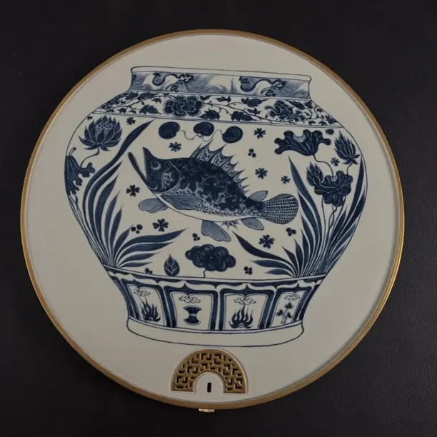 觅瓷山房 幽蓝溪堂景德镇手工手绘元青花二号釉鱼藻描金干湿泡台