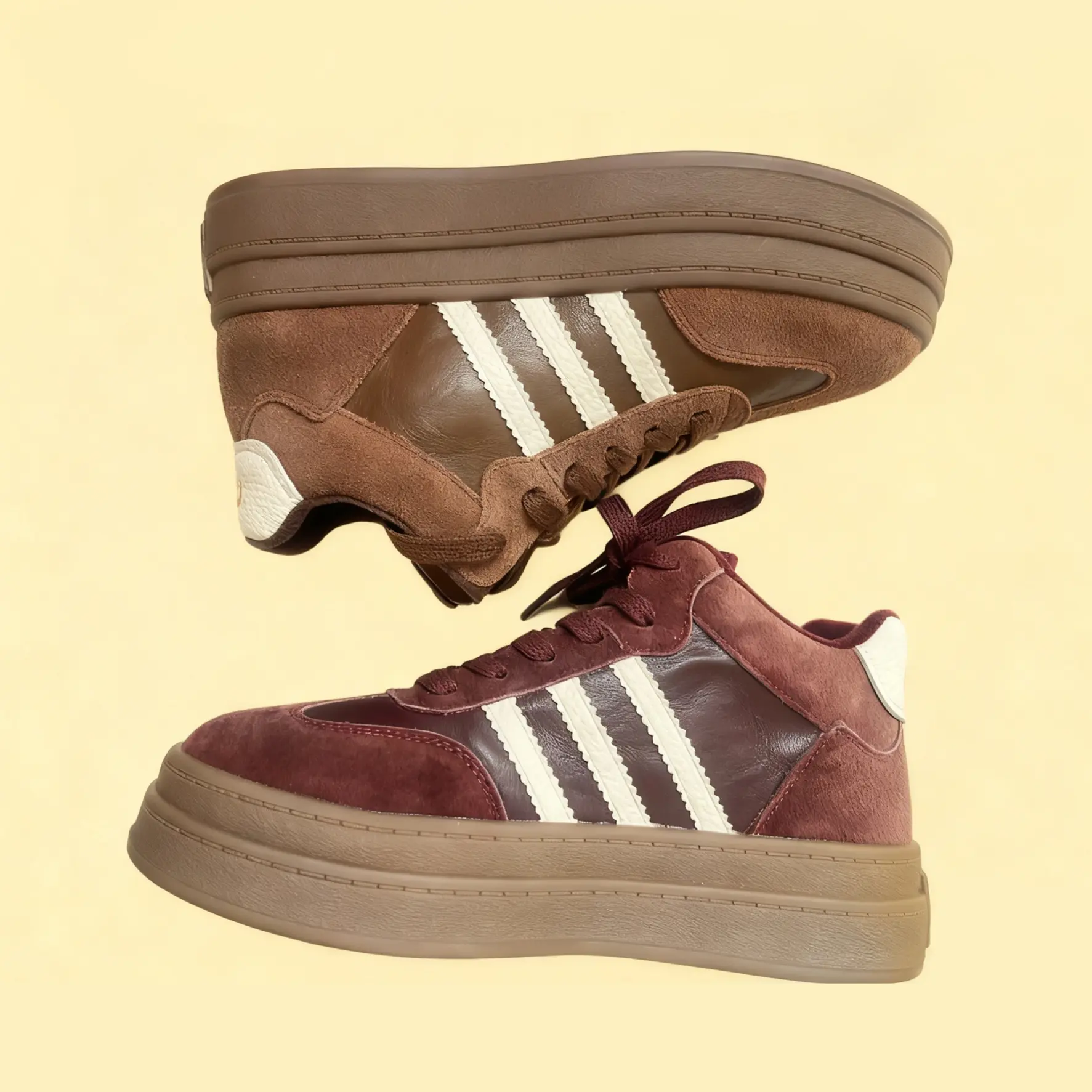 互动星期天 新款三道杠超火拼色圆头系带休闲板鞋潮厚底德训鞋