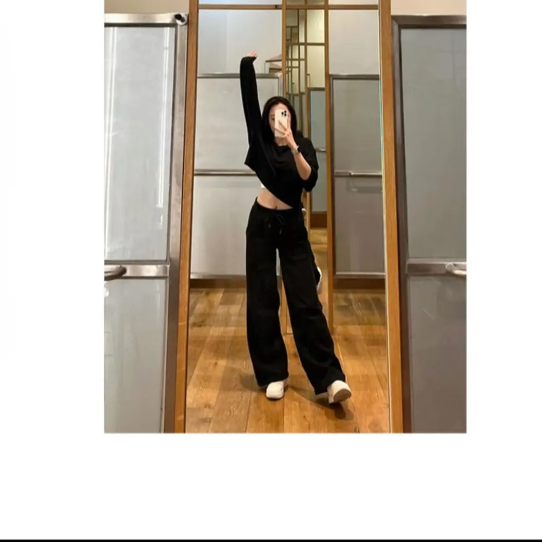 美式铆钉垂感休闲裤女秋冬高腰显瘦设计感加绒运动阔腿裤子