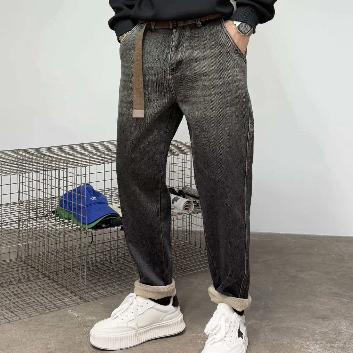 99357冬季男士牛仔裤加绒长裤水洗直筒牛仔裤