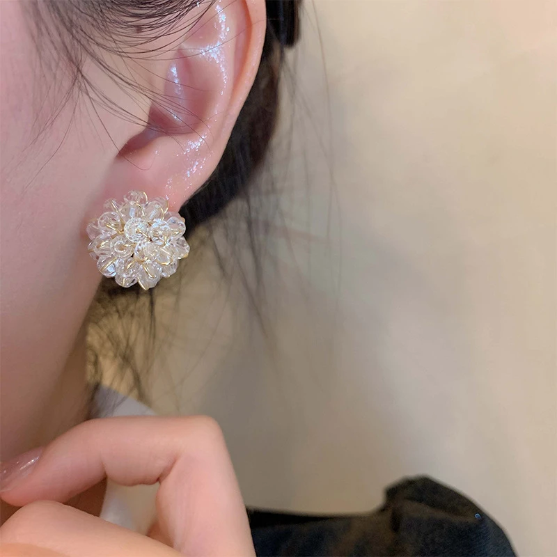铜合金耳饰 韩版气质水晶花朵耳钉超仙甜美2025新款ins风百搭耳饰