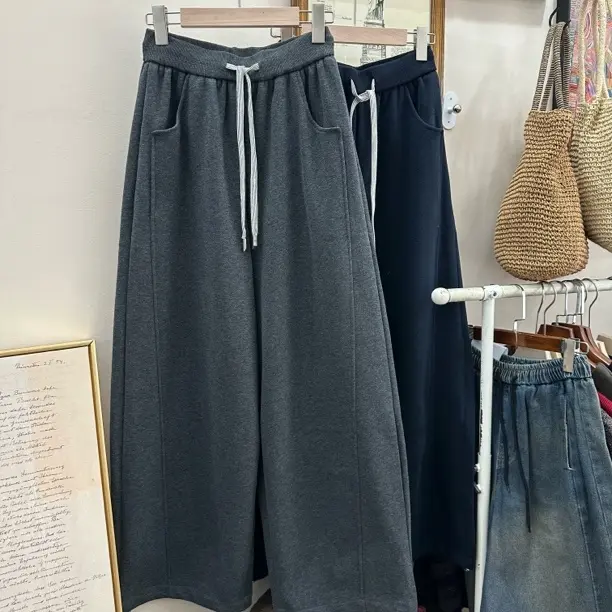 韩系设计感高腰松紧腰显瘦弯刀休闲阔腿裤加绒款