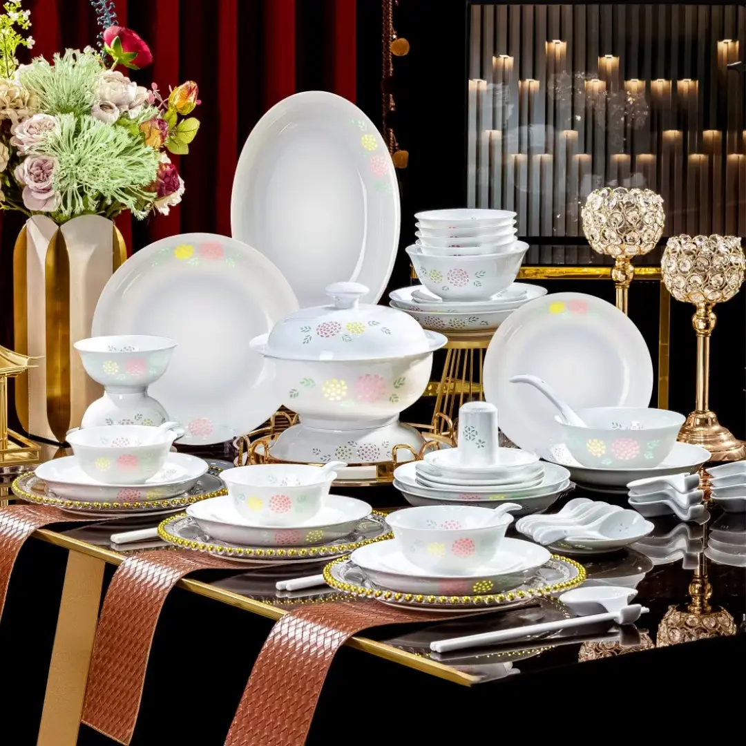景德镇高温高白泥高白瓷五彩玲珑餐具套装碗盘碟套装乔迁送礼好洗
