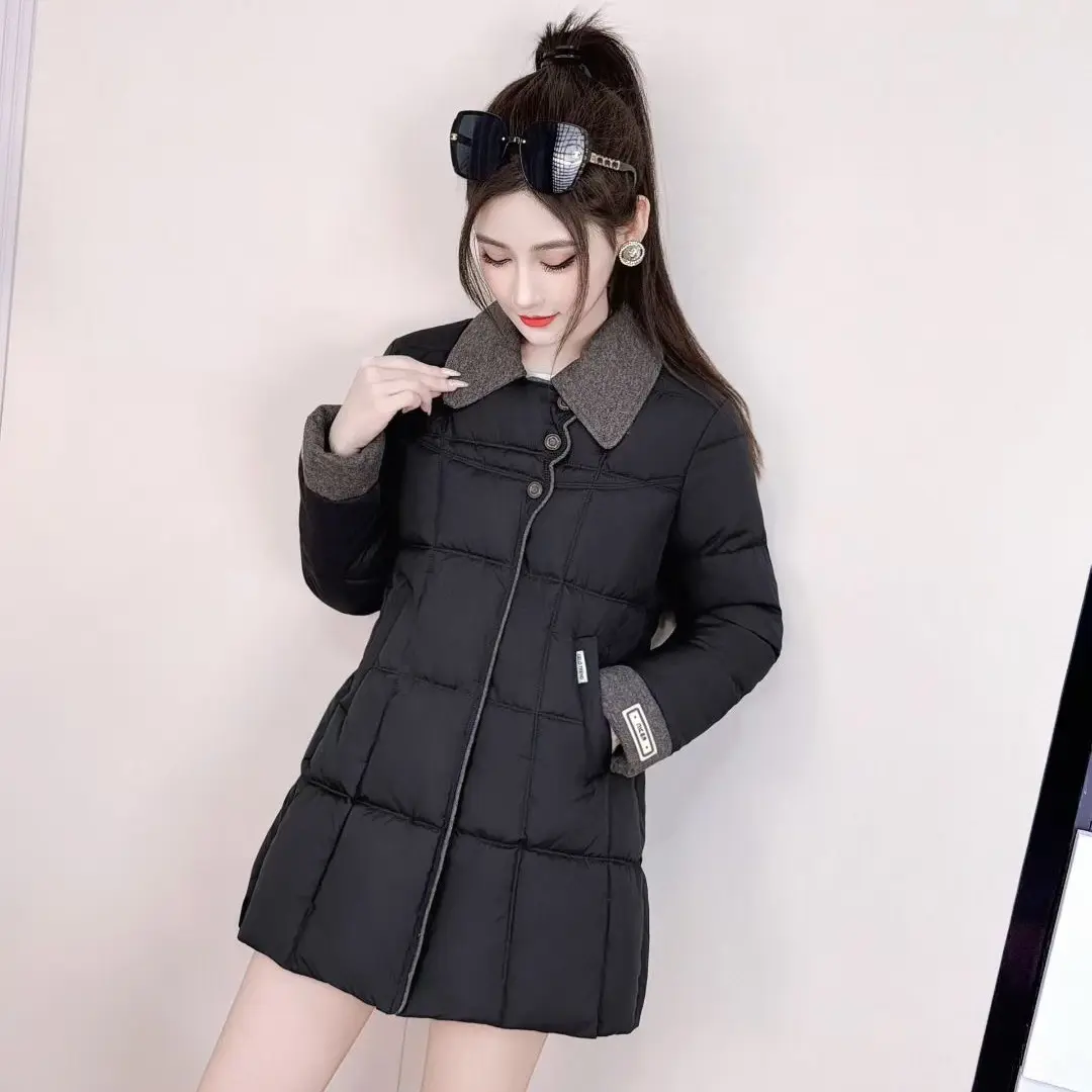 【EIMI】冬季新款翻领收腰加厚保暖显瘦中长款棉服外套女士洋气