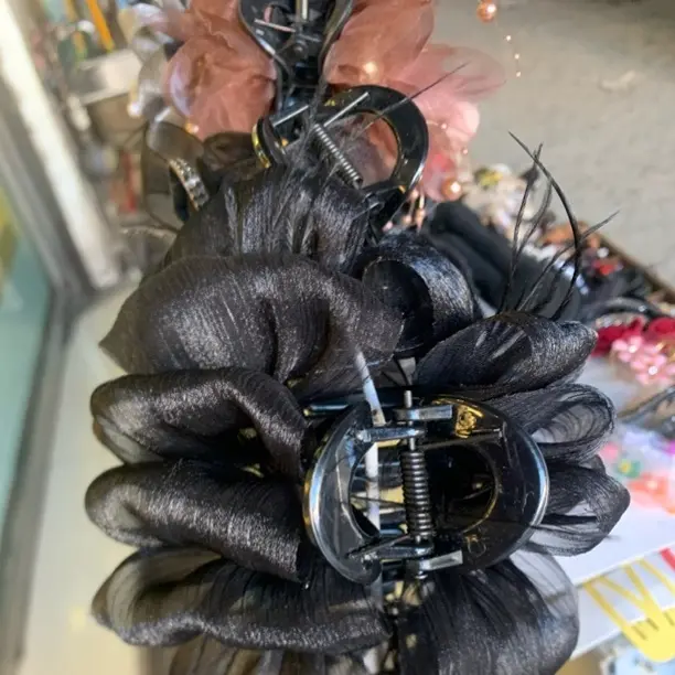 黑色羽毛泡泡纱抓夹蝴蝶结网纱满天星气质后脑勺鲨鱼夹子头饰发夹