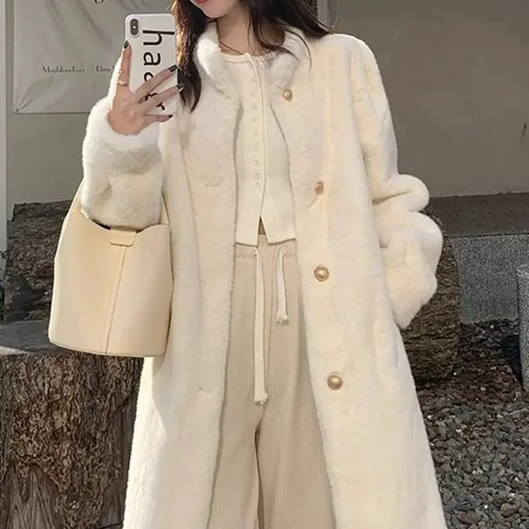 人造皮草 (雪兔）中长款水貂绒环保毛毛皮草立领加厚大衣