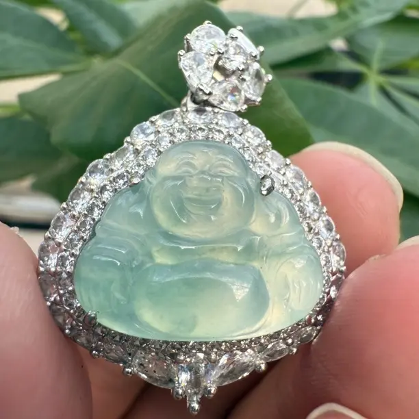 天然翡翠A货佛公36*28*8手工雕刻时尚女士高冰精美镶嵌925度银