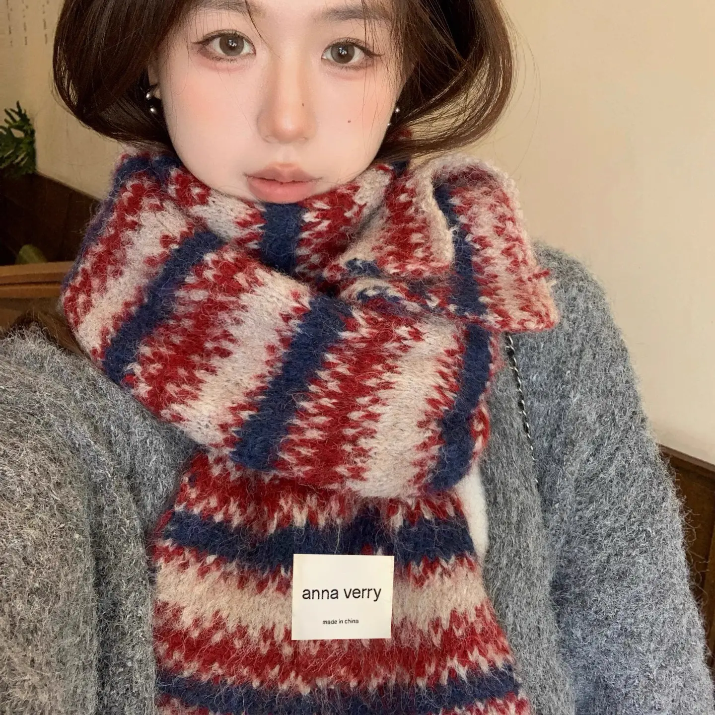 韩系费尔岛条纹针织围巾女秋冬季加厚保暖防寒百搭情侣围脖披肩