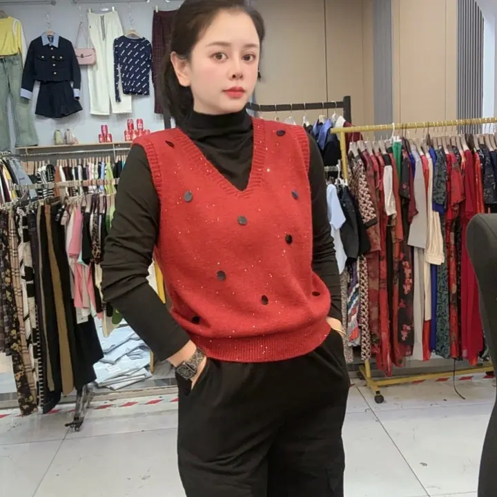 时尚洋气休闲亮片马甲打底上衣两件套