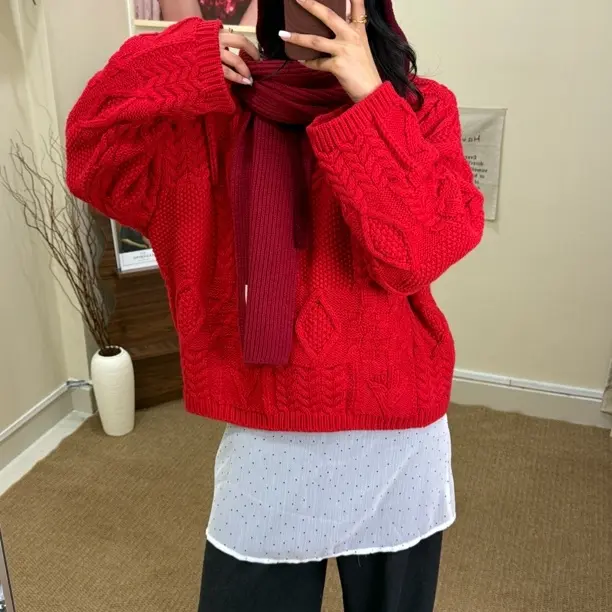 【穆子·Muzzi】秋冬女款慵懒风加厚红色圆领长袖针织毛衣