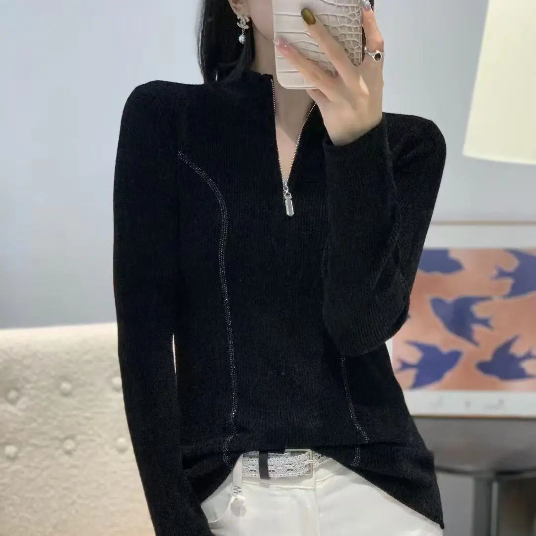 天鹅绒翻领毛针织衫美拉德风法式常规极简风