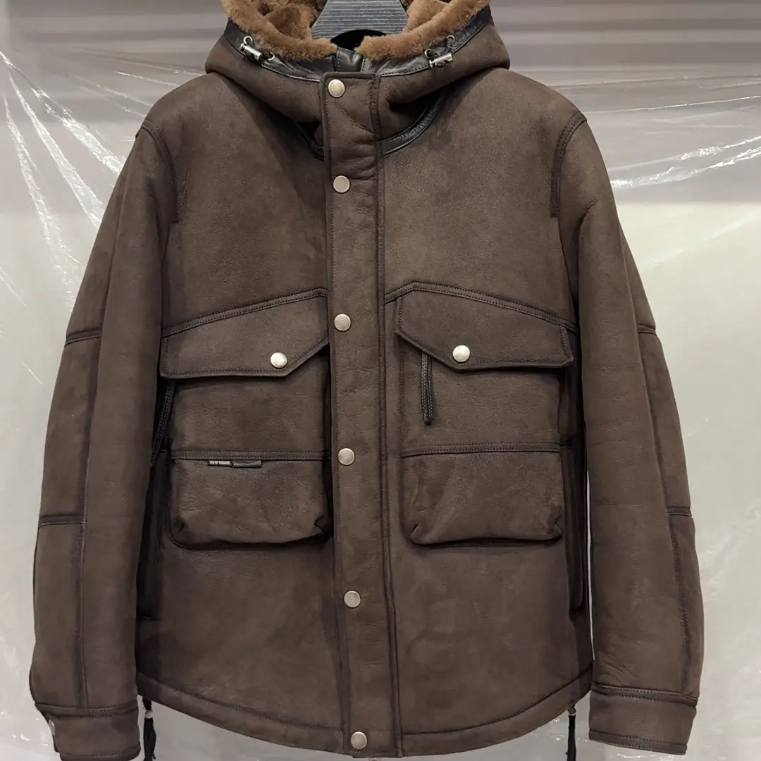 重水洗做旧复古美式风格连帽加绒真皮皮衣外套