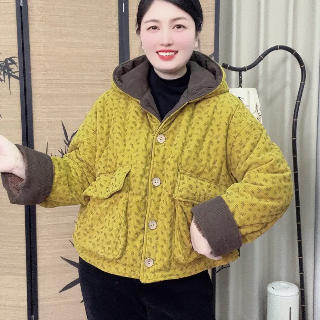 复古民族风加绒加厚连帽短款棉衣外套冬季新网红洋气时尚休闲宽松