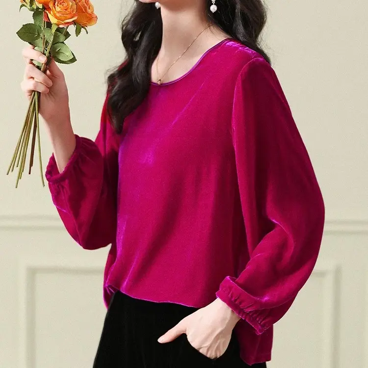 【粉蓝之谜】简约真丝丝绒秋冬女士时尚百搭气质小衫长袖显瘦