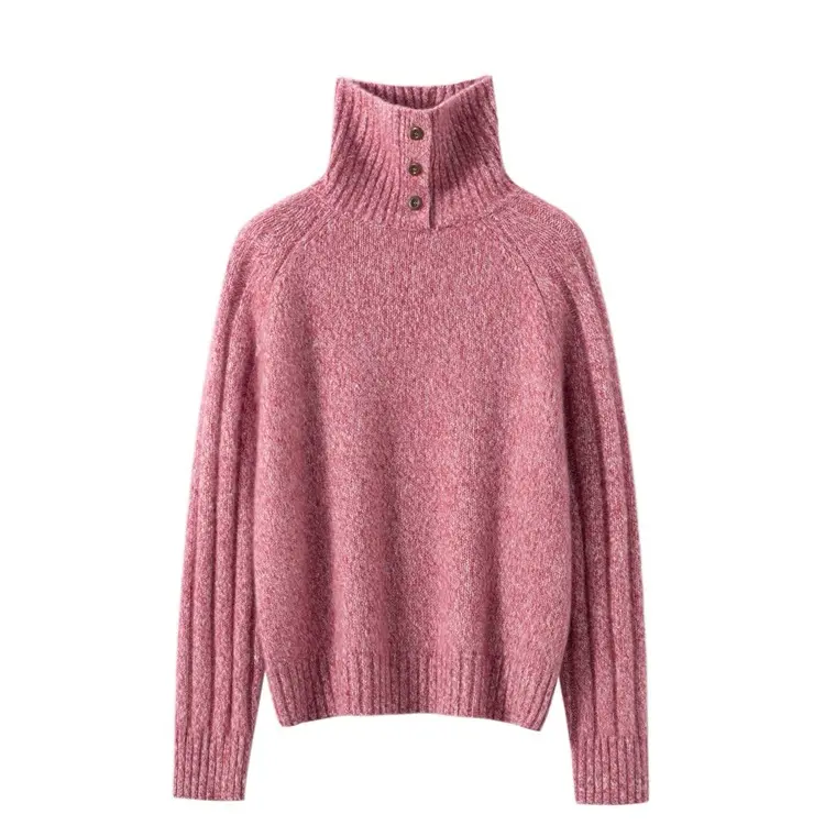 山羊绒花纱加厚高翻带扣系扣长袖针织打底衫女秋冬百搭上衣