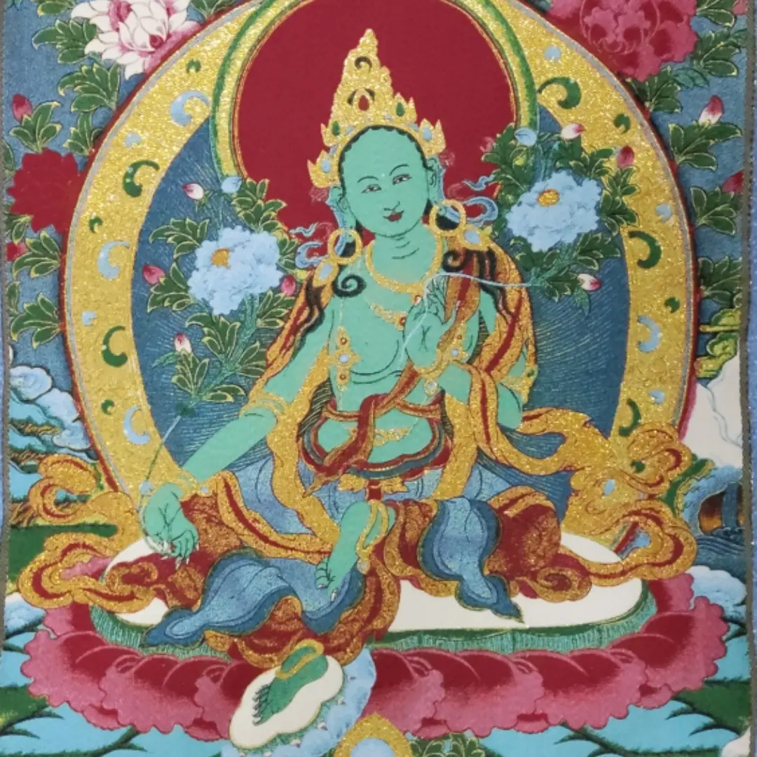 刺绣【绿度母】唐卡挂画织锦画心装裱客厅玄关佛堂背景墙装饰画