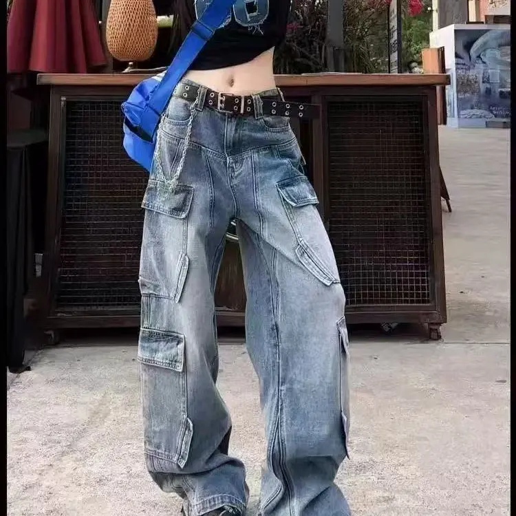 百搭美式多口袋直筒牛仔裤高腰显瘦秋季新款工装阔腿裤