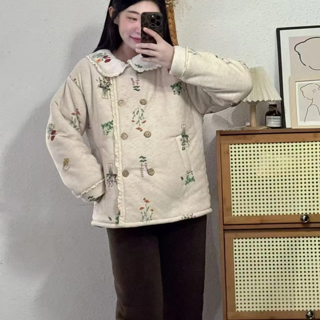 双排扣刺绣加绒加厚新中式风格舒适保暖可外穿冬季家居服套装
