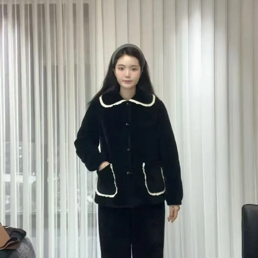 小香风三层加绒加厚冬季保暖可外穿女士家居服套装睡衣