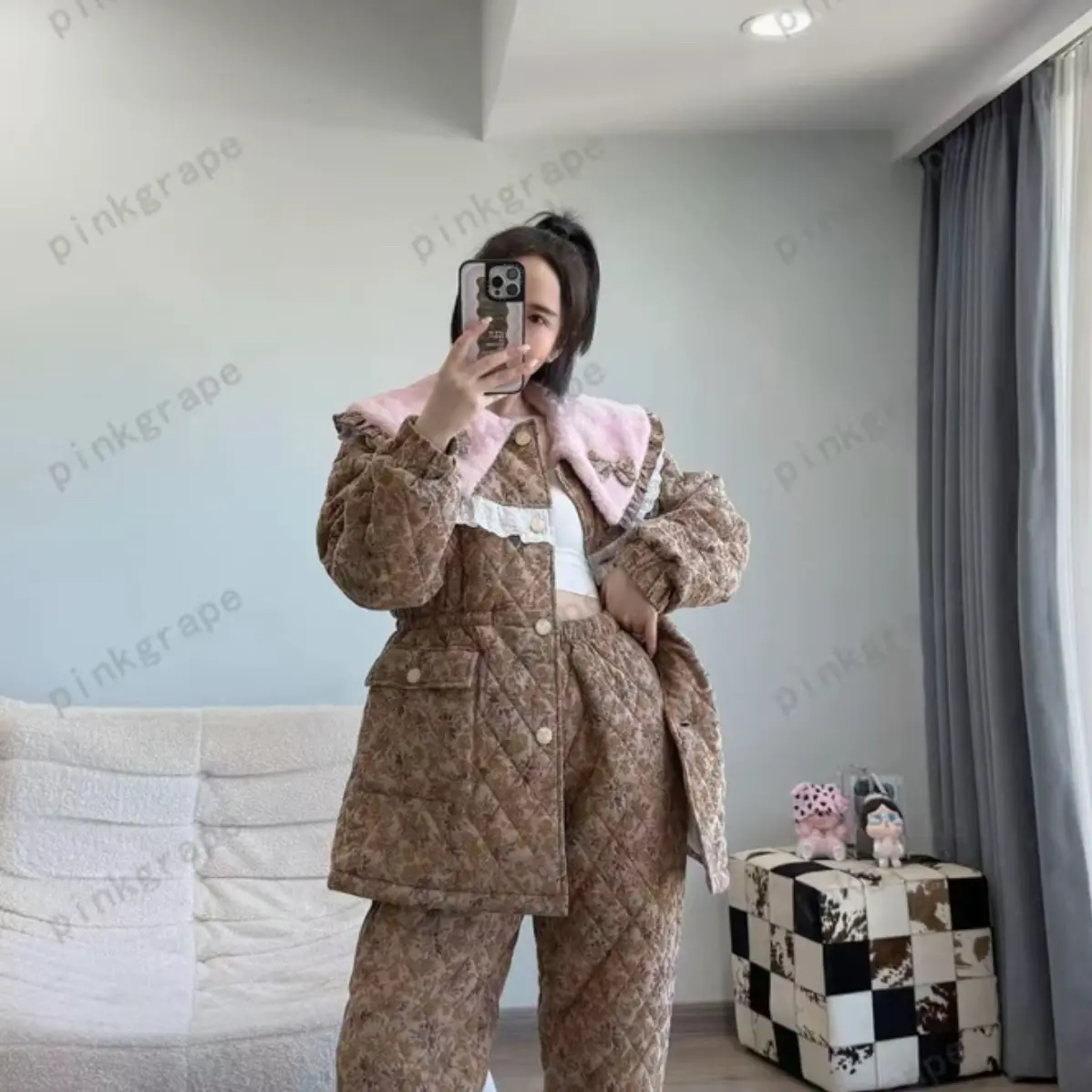 碎花长款三层夹棉加绒加厚冬季保暖可外穿女士睡衣家居服套装