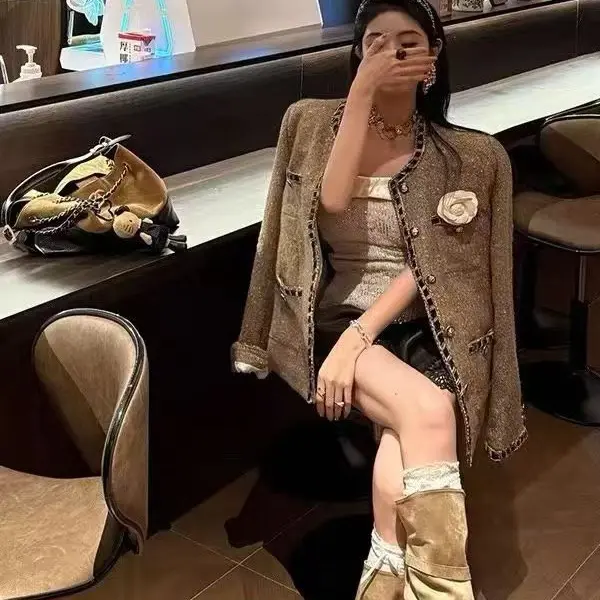 复古卡其色粗花呢混纺羊毛小香风女士冬季外套