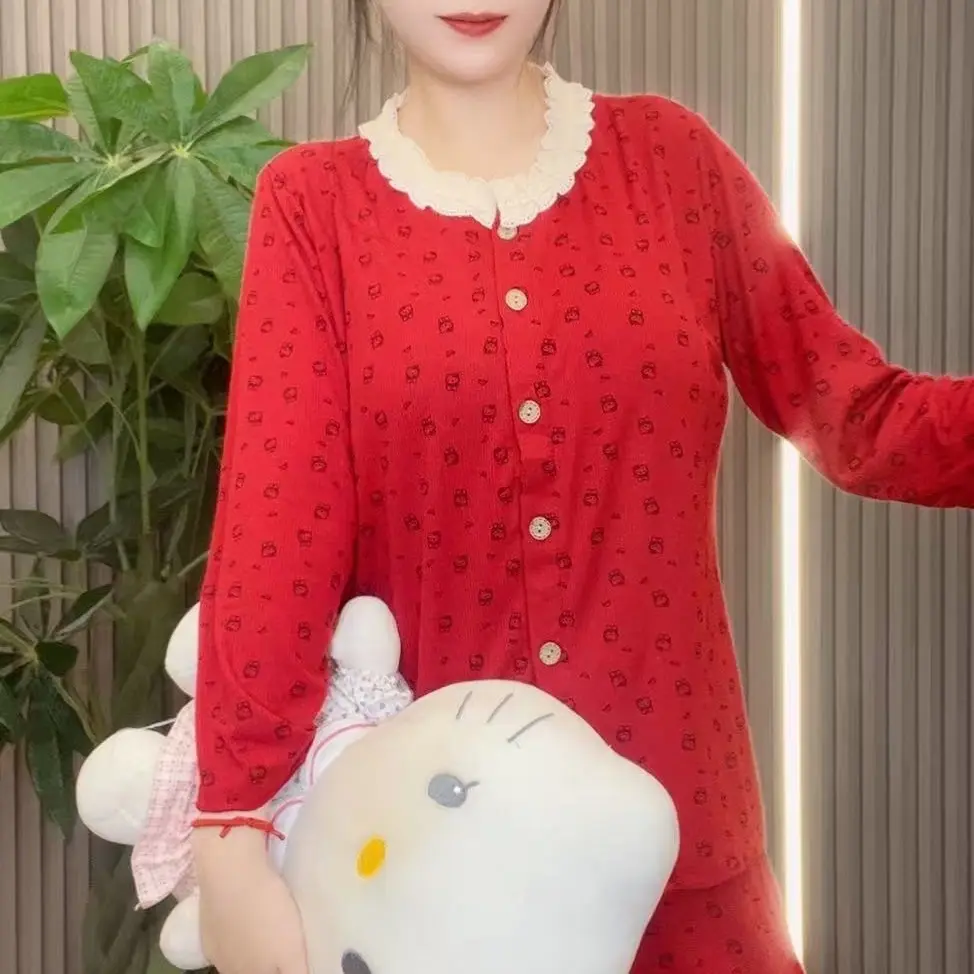 女秋冬新款蕾丝宽松长袖长裤家居服睡衣套装可外穿