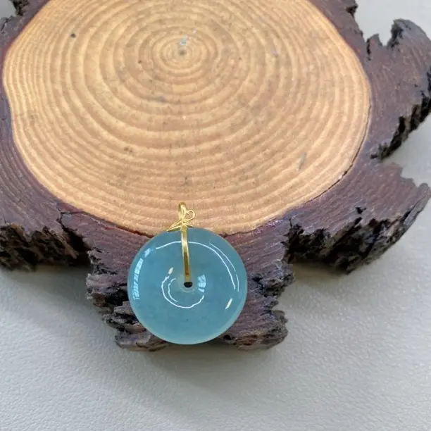 天然缅甸翡翠冰种晴绿平安扣，镶嵌，挂件，裸石22.2*7.3