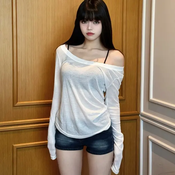 RUBY街舞潮牌天丝薄款微透白色打底罩衫T恤女秋季大领口长袖上衣