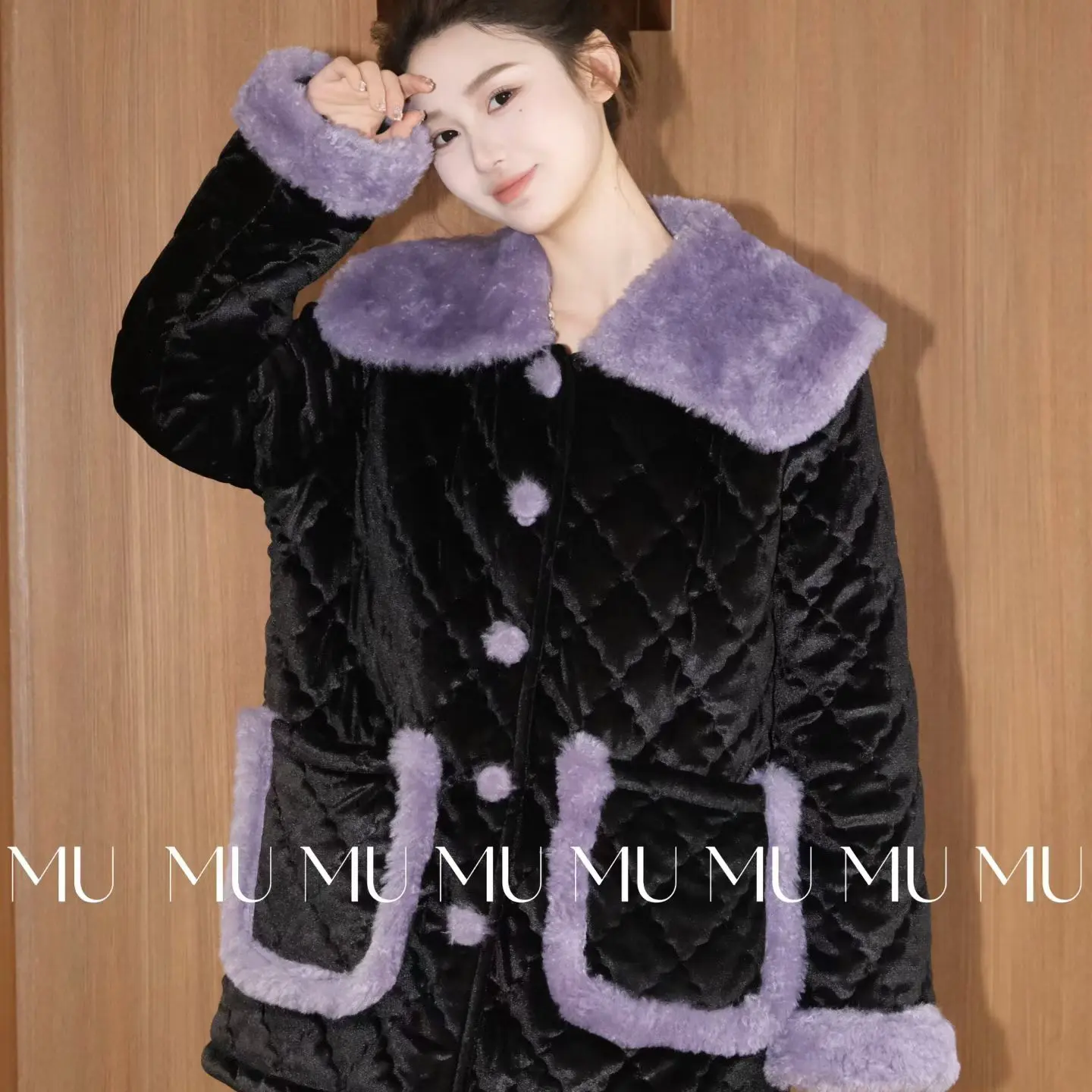 原艾慕优，紫墨寻踪，冬季加厚保暖三层夹棉加绒可外穿女士家居服