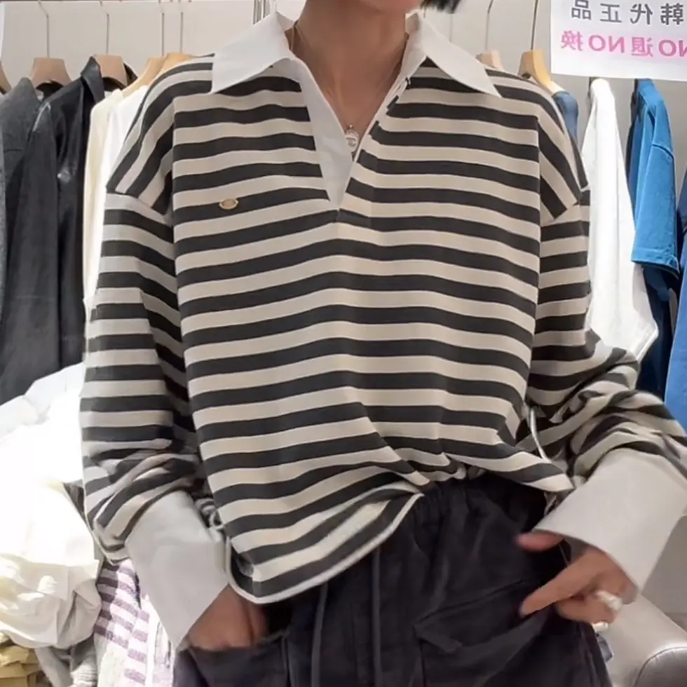 舜 韩国东大门正品pol翻领条纹卫衣