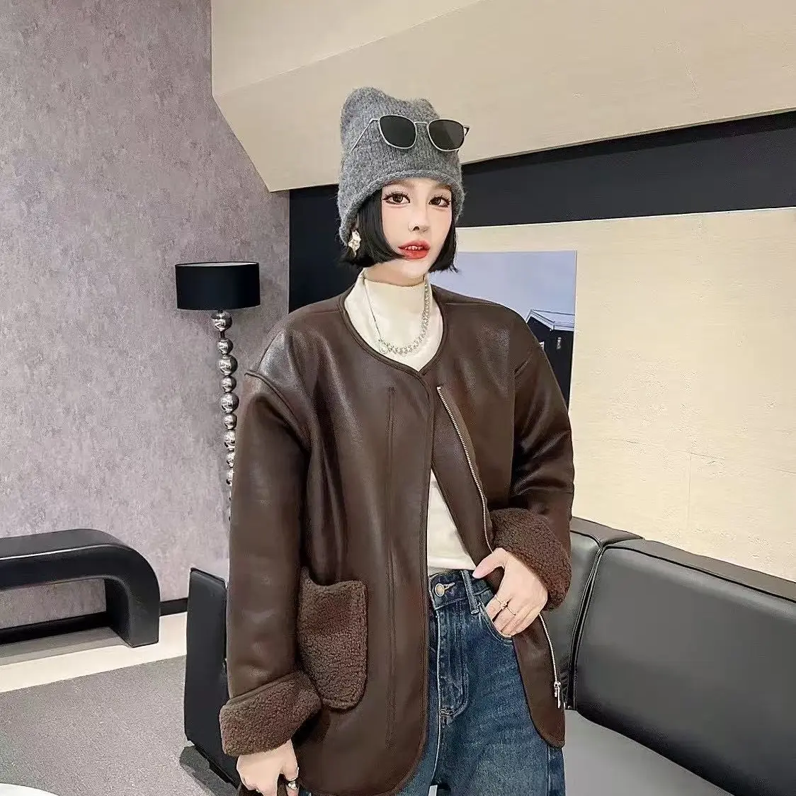 大码超好看拉链皮毛拼接一体圆领外套女上衣保暖休闲2025冬季爆款