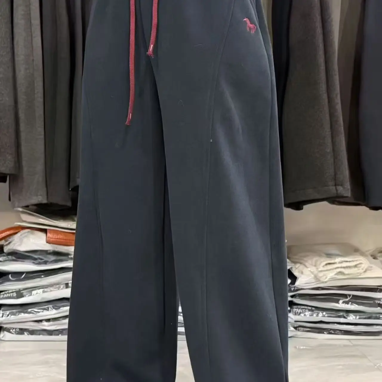 加绒加厚撞色高腰显瘦弯刀一裤两穿休闲直筒卫裤