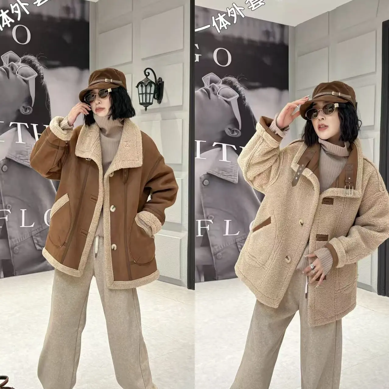 冬季新款女两面穿高级感欧货韩版加厚加长宽松型立领机车服外套