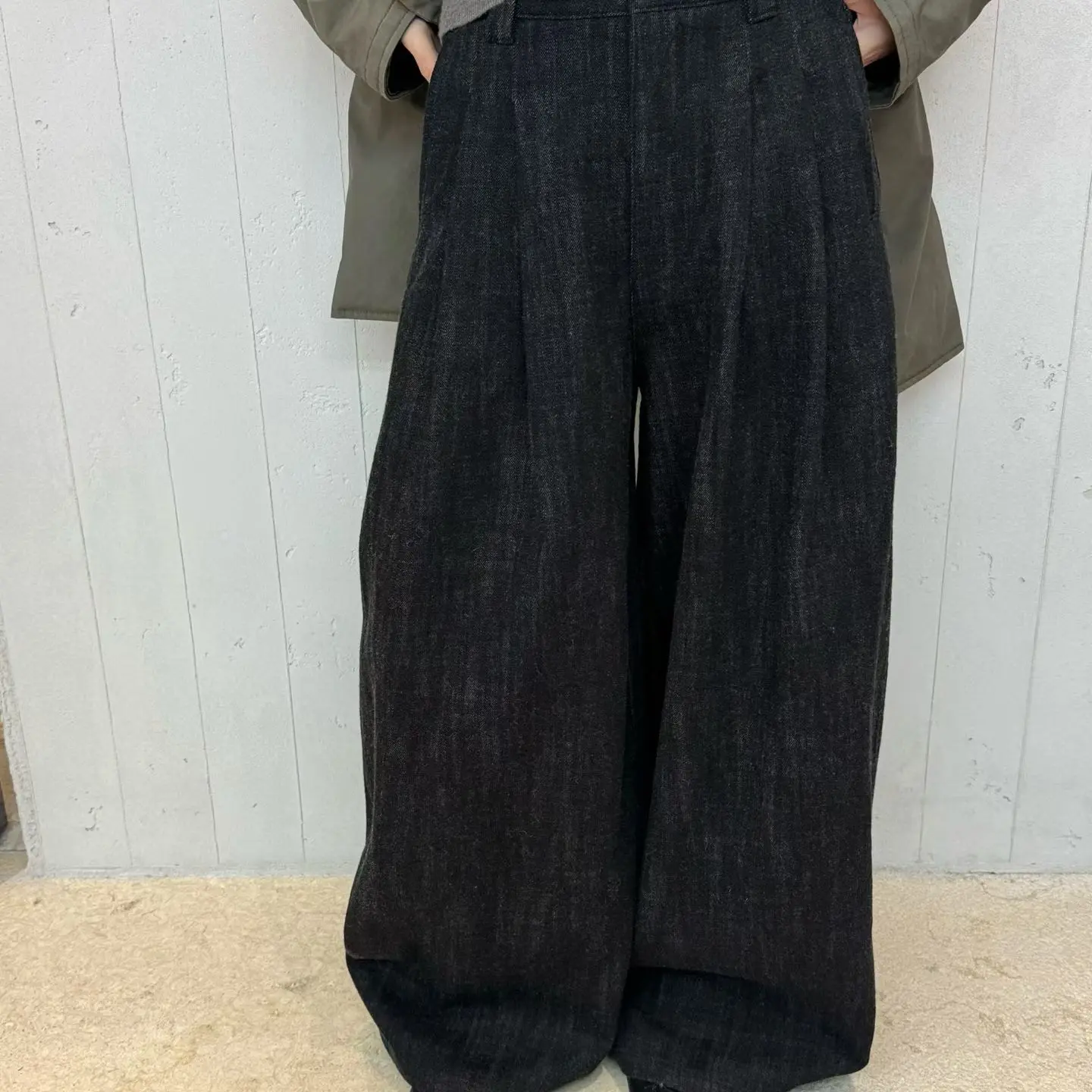 DVZ冬斜肌理羊毛牛仔料阔腿裤百搭休闲长裤冬季