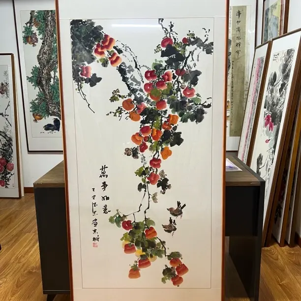 国画柿子《万事如意》170*80 可用于玄关中式风格