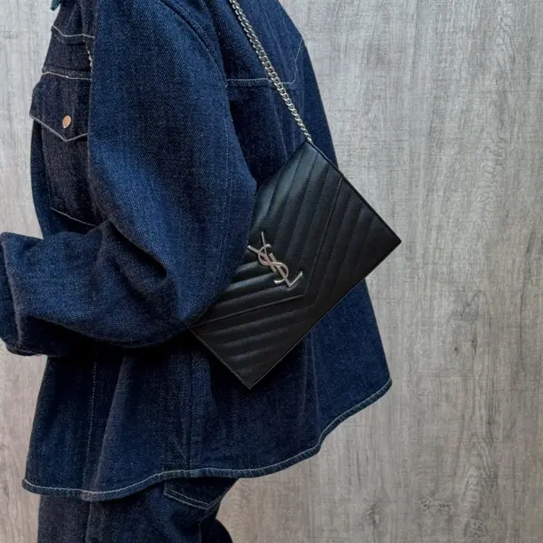 99新 YSL/圣罗兰 ysl CASSANDRE 黑银牛皮V纹链条单肩包斜挎包