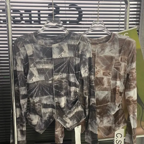 秋季新款复古扎染设计感宽松显瘦圆领长袖T恤女百搭内