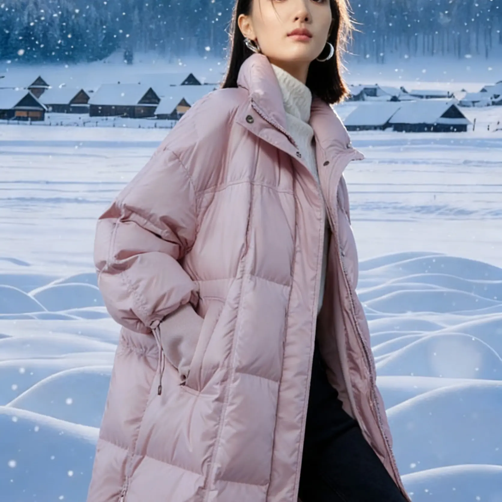 冬季新款韩版中长款加厚保暖立领粉色尿服