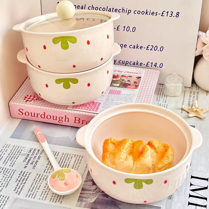 ins草莓双耳陶瓷泡面碗带盖学生宿舍用方便面碗釉下彩餐具泡面碗l