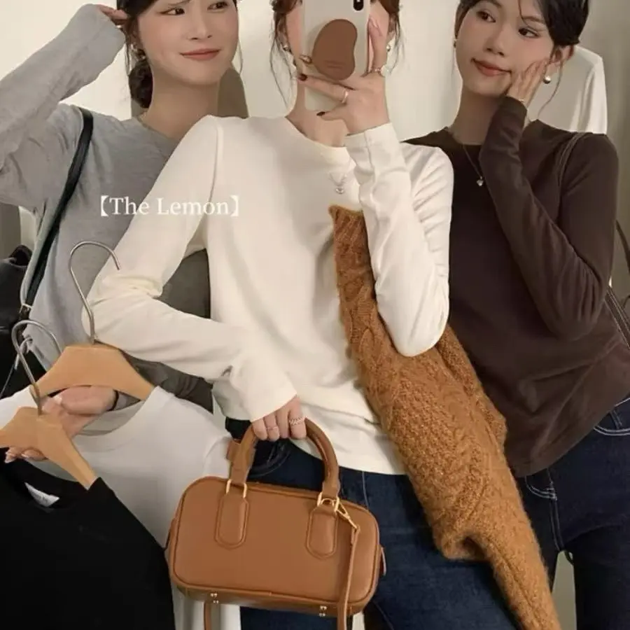 新款加绒修身圆领长袖打底T恤