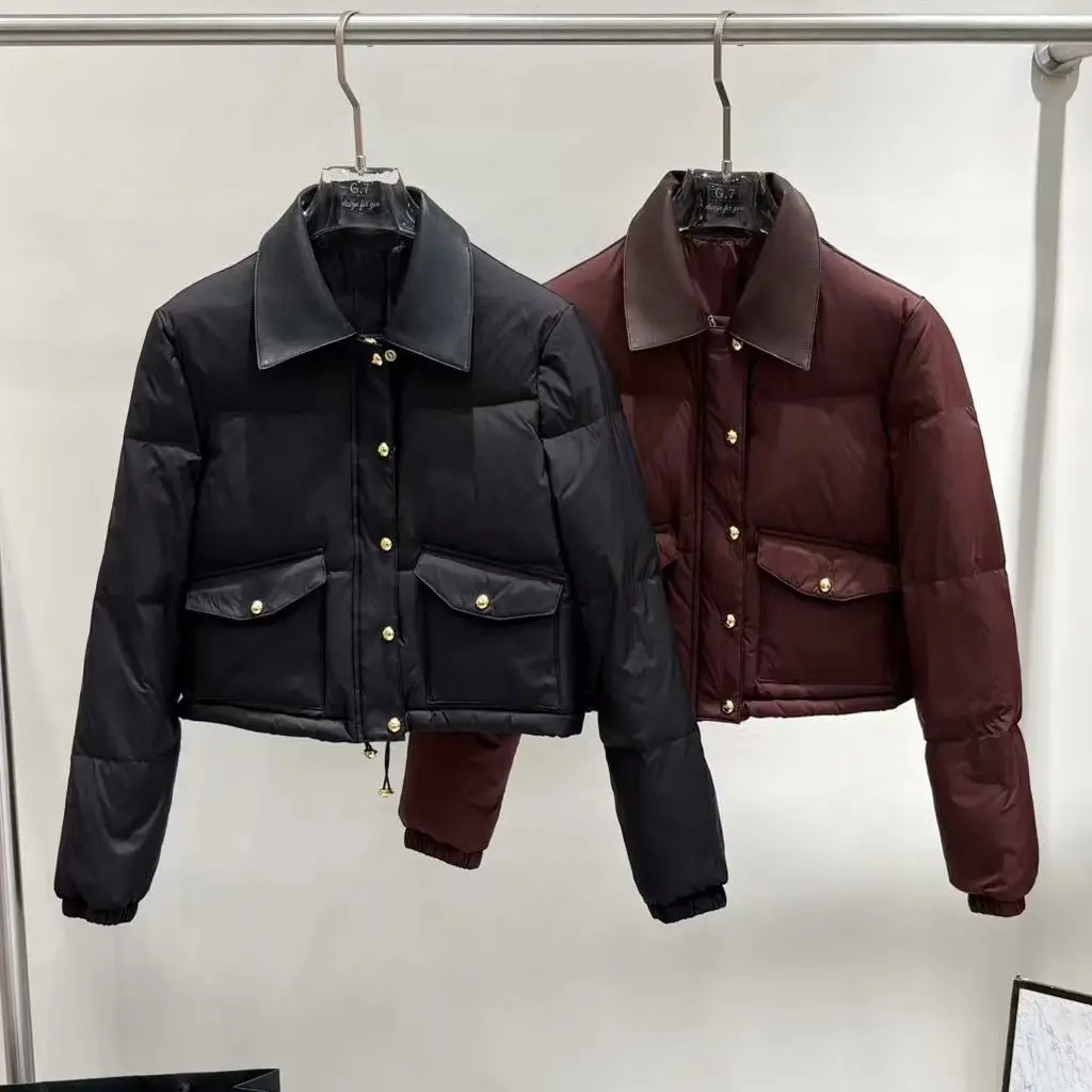  SR欧货冬款<皮领羽绒服>反领下摆抽绳轻溥收身短款白鸭绒外套