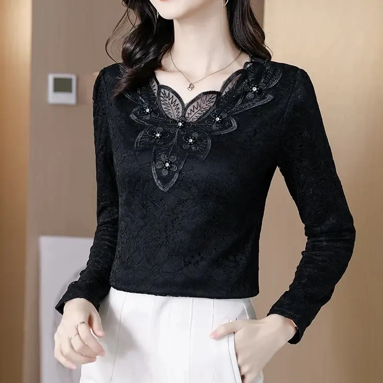 女士长袖加绒加厚蕾丝秋冬打底衫大码修身款式