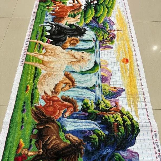 2米新款迎客松马到成功八方聚财版客厅手工十字绣成品