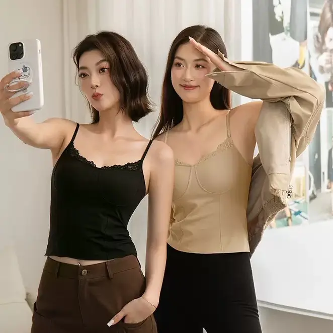 品质款秋冬保暖背心带胸垫免穿文胸蕾丝磨毛修身无痕打底保暖内衣