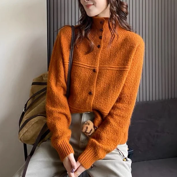 【优质原版】秋冬新款韩版立领可翻领毛针织开衫高级感气质毛衣外套