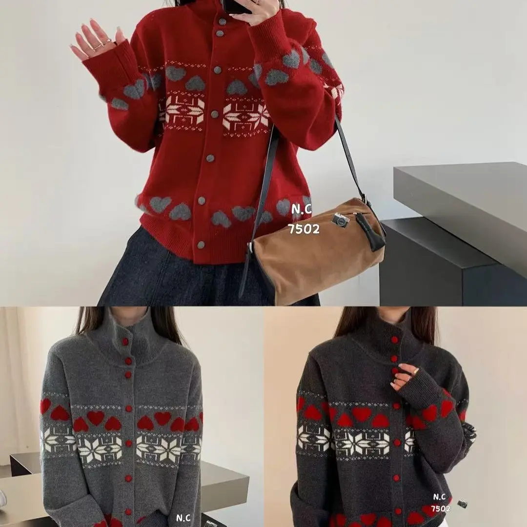 费尔岛提花高领单排扣针织开衫女秋冬慵懒风毛衣外套