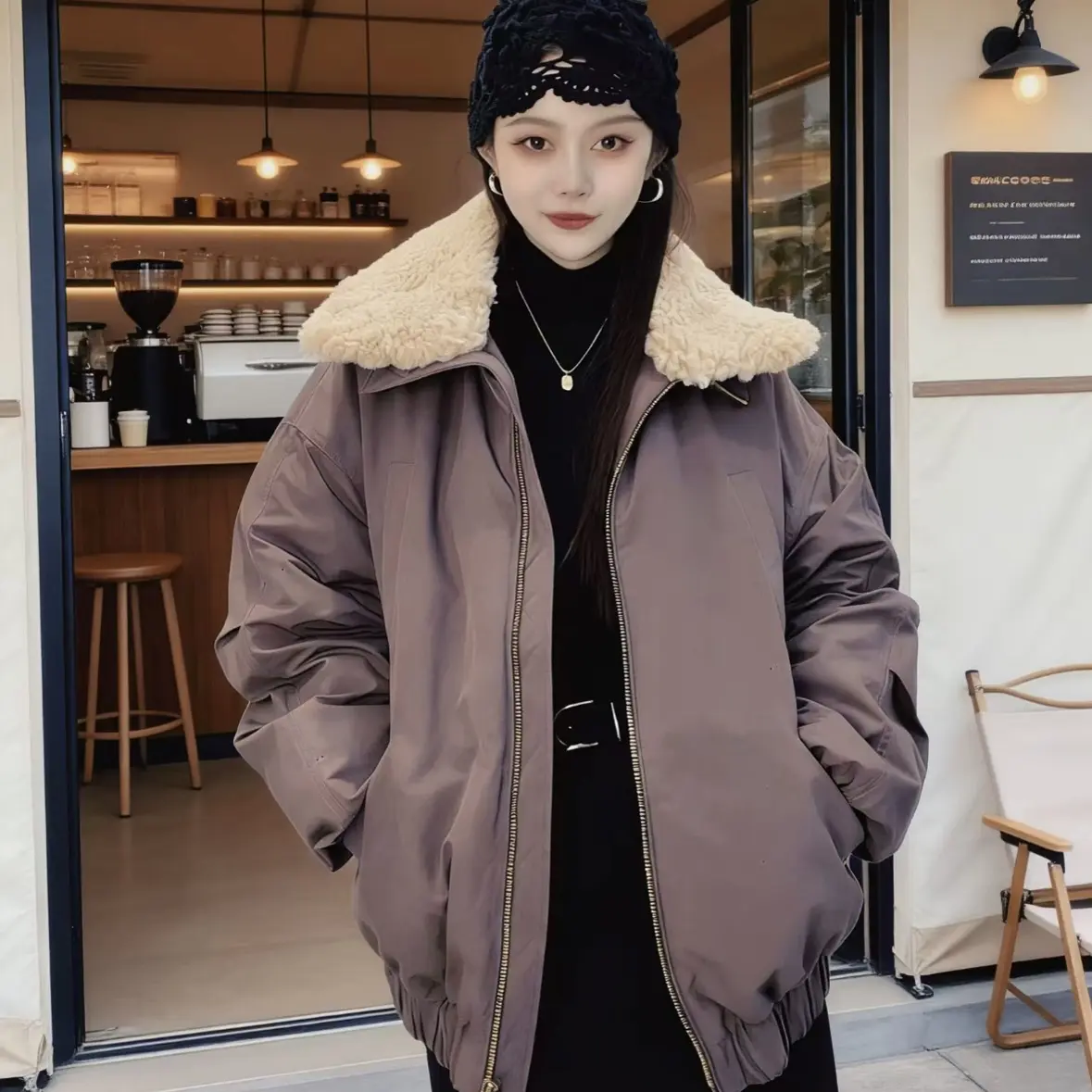 玛丝恩迪｜冬季新款翻领毛领加厚保暖白鹅绒羽绒服