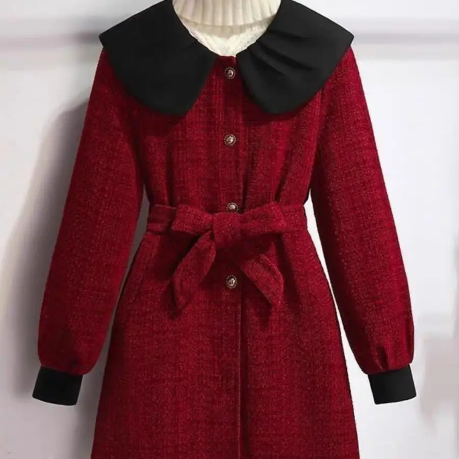 W 4008款小香风中长款娃娃领减龄加厚毛呢秋冬季外套
